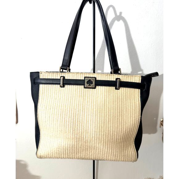 Kate Spade Woven Straw Tote Black Leather Trim Spade Lock - Picture 2 of 13